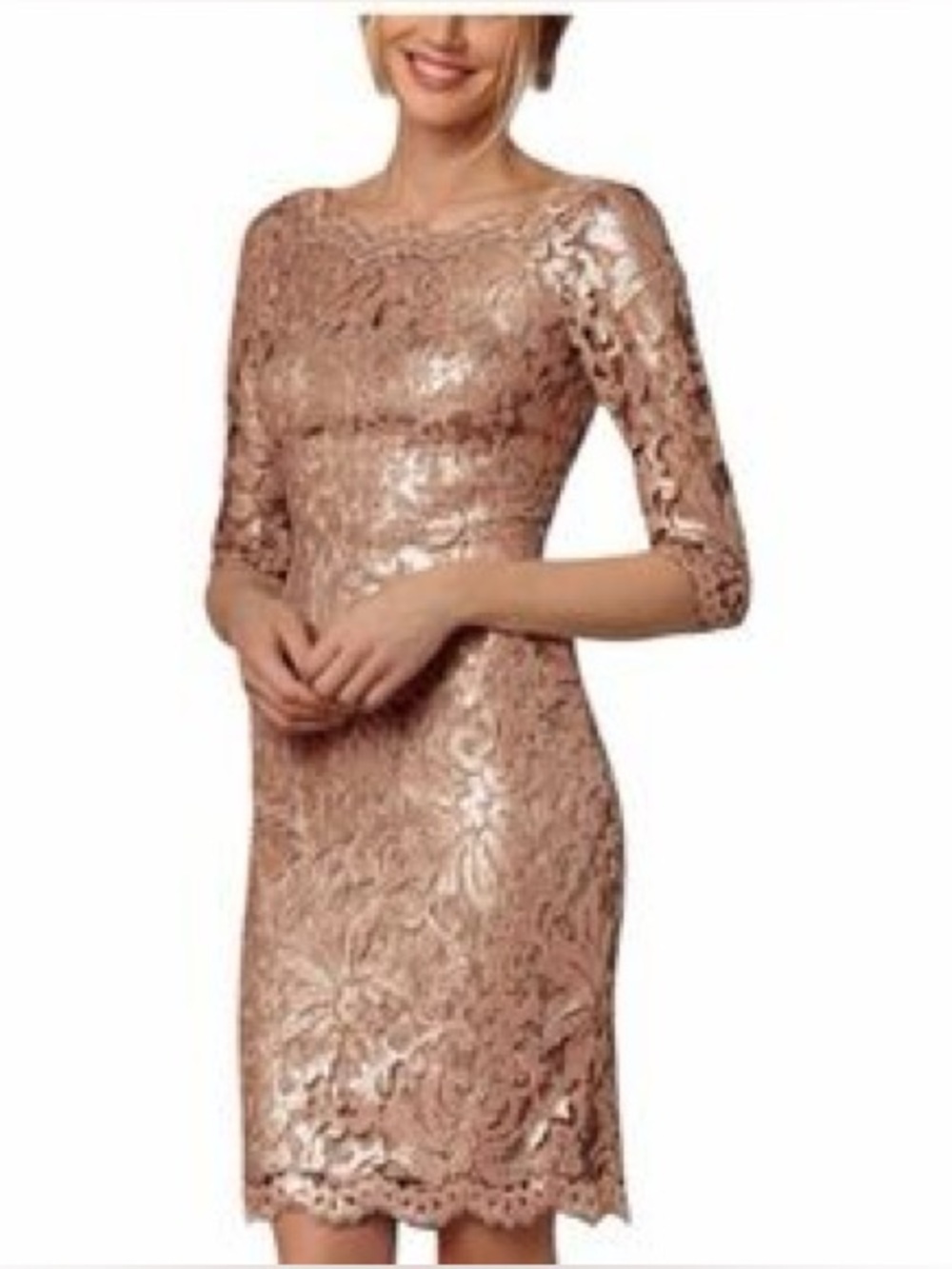 Tadashi Shoji Rose Gold Sequin Embroidered Lace Sheath Dress Size 2